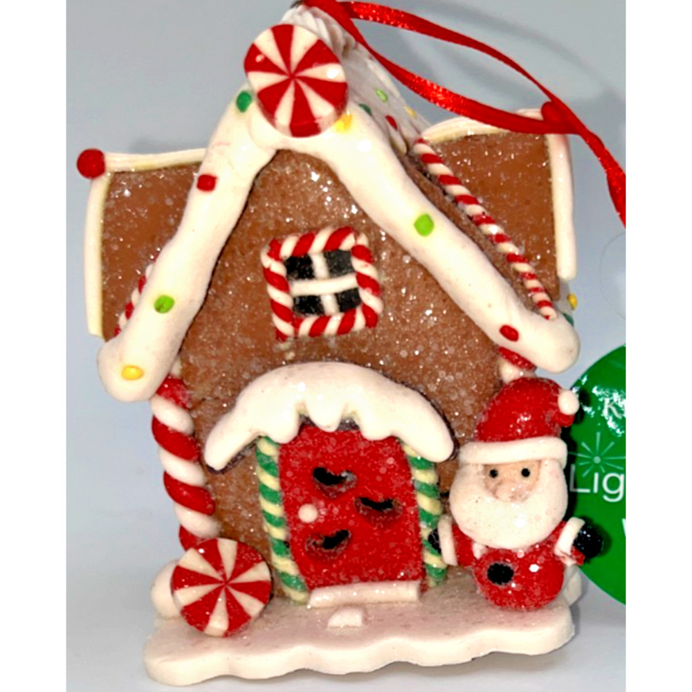 New Miniature Led Gingerbread House Ornament Santa Red Door Peppermint Candy